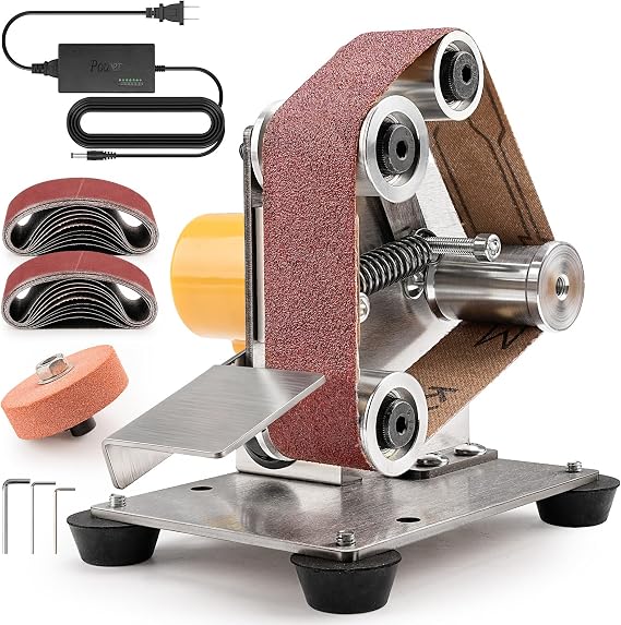 SI FANG Mini Electric Belt Sander Knife-Sharpener Small Bench Grinder | 7 Speed Adjustable Sanding Machine Kit For Knife Making, Wood Metal, Handcraft, Power Polisher DIY Polishing Grinding Tool
