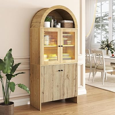 69 Tall Arched Kitchen Pantry Cabinet, 5-Tier Dome Cabinet with Lights, Farmhouse Wood Storage Cabinets, Versatile Cupboard for Kitchen, Living Room, Dining Room, Pantry, Bathroom Natural