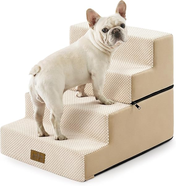 COZY KISS Dog Stairs for Small Dogs, 4 Step Pet Stairs for Beds & Couches | 17.7" H Wide Non-Slip Dog Steps with Removable Tiers & Support Board for Puppies, Older Cats & Dogs, Beige