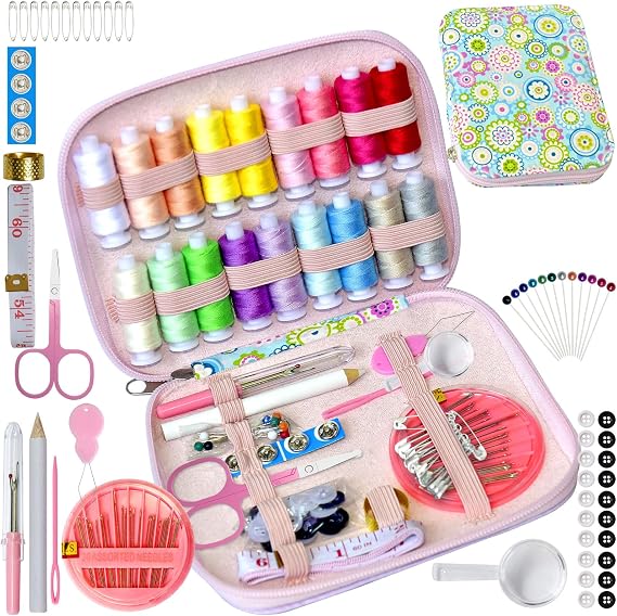 Sewing Kit with Case Portable Sewing Supplies for Home Traveler, Adults, Beginner, Emergency, Contains 18 Sewing Thread, Scissors, Needles, Measure etc,Blue Background Flowers