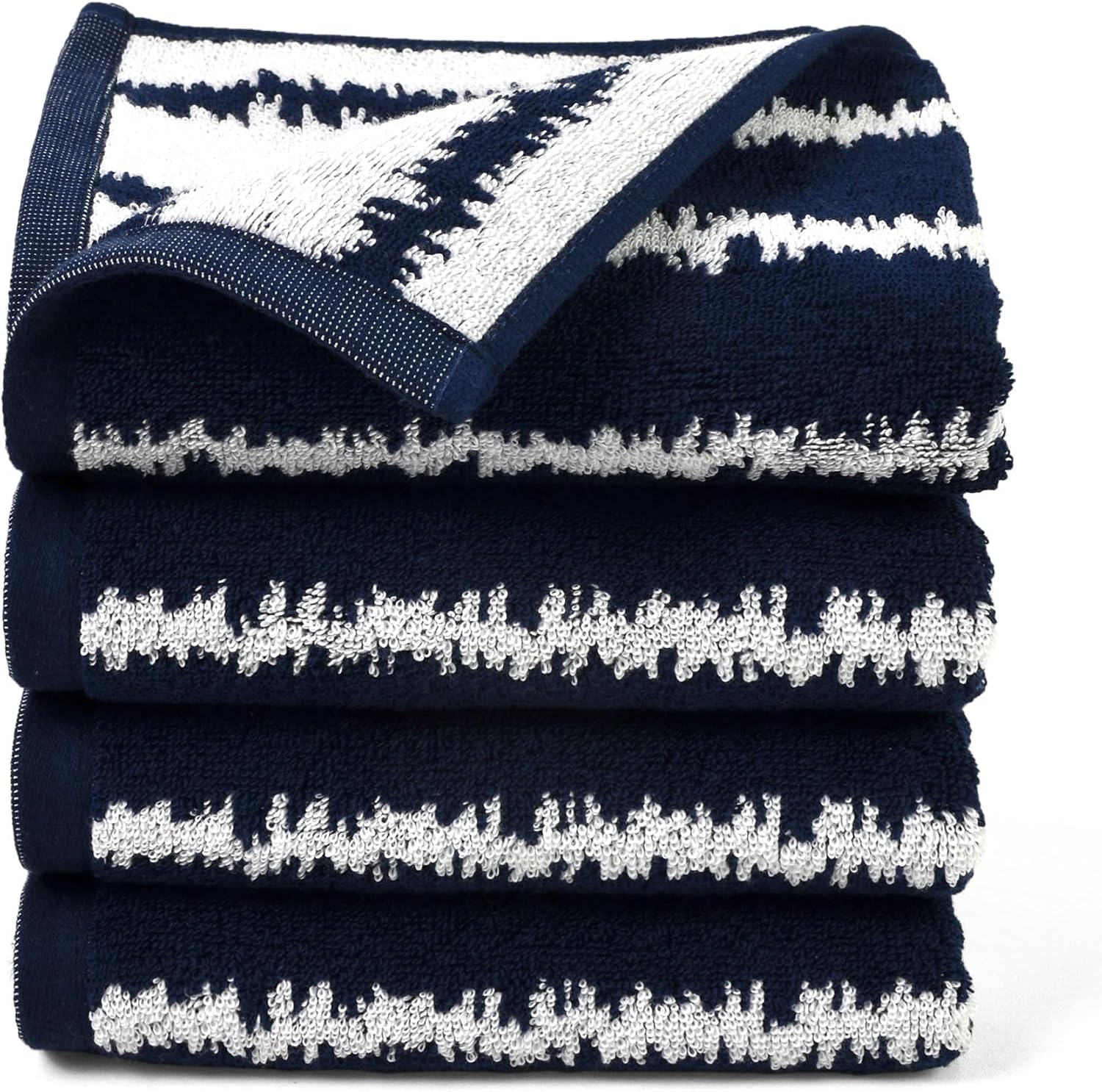 Cleanbear 4 Pack Reversible Hand Towels for Bathroom, 100% Cotton Zigzag Striped Face Towels, 13.5 x 28 Inches Summer Absorbent for Kitchen Decor (Navy & White)