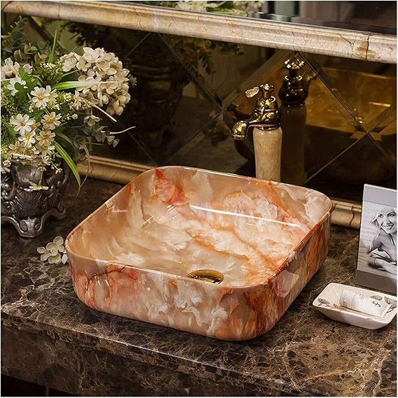 Bathroom Sink Above Counter Vessel Sink Basin Square Wash Basin Combo Modern Marble Pattern Vessel Sink with Faucet,Porcelain Bathroom Cloakroom Wash Basin