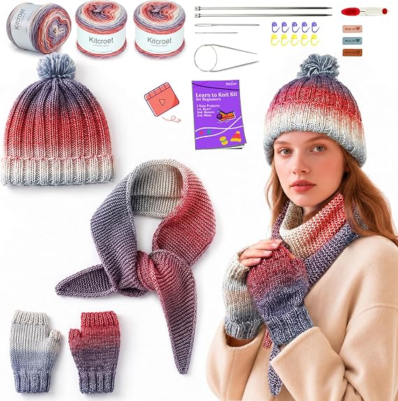 Complete Knitting Kit for Beginners, Scarf, Hat & Gloves, Amethyst Ombre