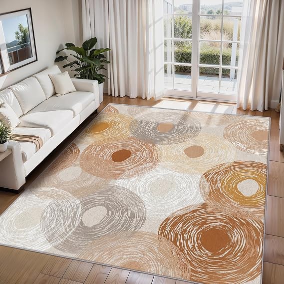 Boho Abstract Rug 3x5 ft, Circle Mid Century Minimalist Neutral Carpet for Living Room Bedroom, Indoor Washable 3 x 5 Area Rugs, Non Slip Low Pile, Boho Home Decor & C705