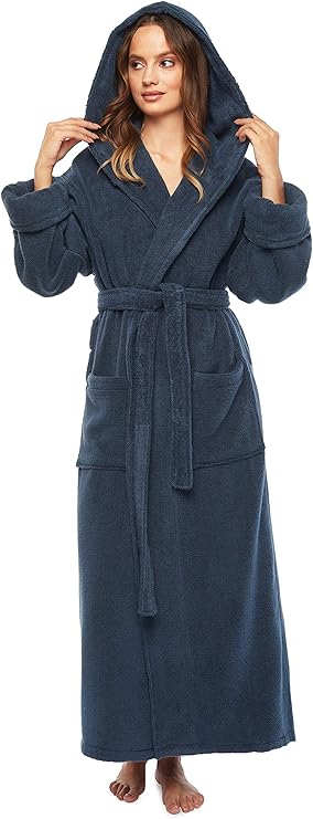 Arus Womens Soft Twist Hooded Full Length Turkish Cotton Long Bathrobe