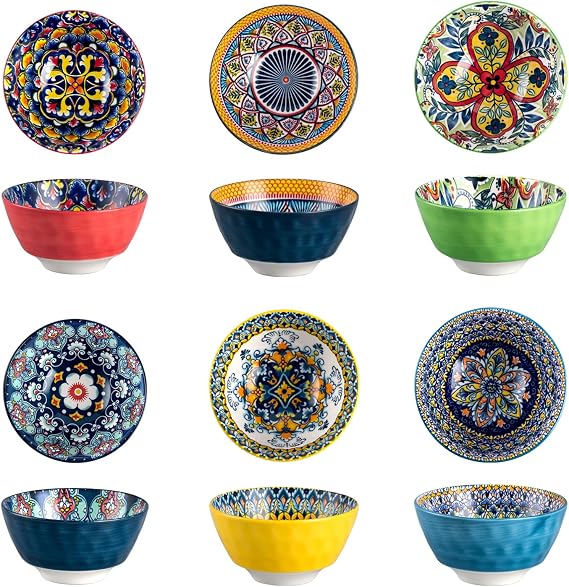 HENXFEN LEAD Dessert Bowls Snack Bowls 360 ml Porcelain Salad Bowl Ceramic Bowl for Ice Cream Rice Dessert etc. Colourful Pack of 6 - Bohemian Style