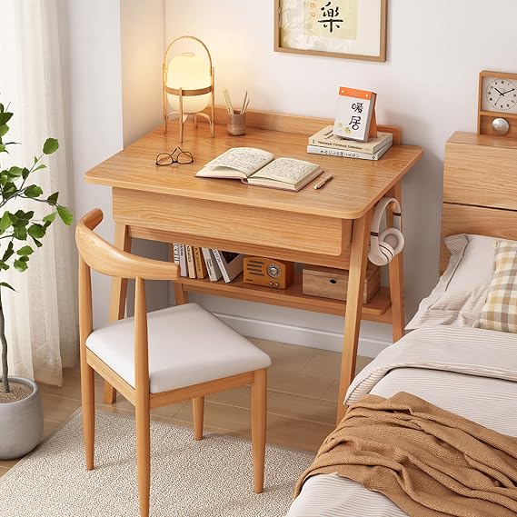 Computer Desk with Storage Shelf & Drawers, Modern 24 inch Writing Desk Study Table Compact Laptop Desk for Small Space Home Office, Oak