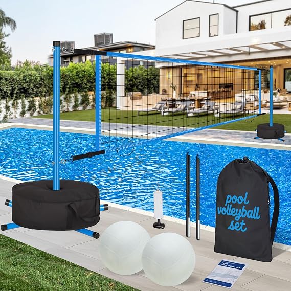 Pool Volleyball Net Set for Inground/Above Ground Pools | with Sand-Filled Weighted Base, 15-27ft Adjustable Anti-Sagging Net, 2 Volleyballs & Pump, Carry Bag