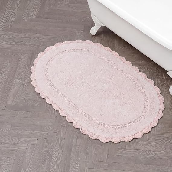 Laura Ashley Eloise 100% Cotton Oval Bath Mat with Crochet Border, Soft & Absorbent, Light Pink 21" x 34" Bathroom Rug
