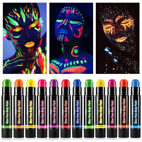 12 Pack Glow Face Body Paint,Neon Body Paint Sticks,Glow in the Dark Paint Under UV Black Light,Makeup Face Painting Kit Professional Party Supplies for Halloween,Christmas,Birthday Party