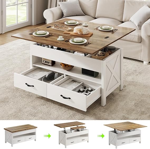 Marsail 40" Lift Top Coffee Table, 4 in 1 Coffee Table with Hidden Compartment, 1 Open Shelf and 2 Drawers, Multifunctional Farmhouse Center Table for Living Room and Home Office, Brown and White