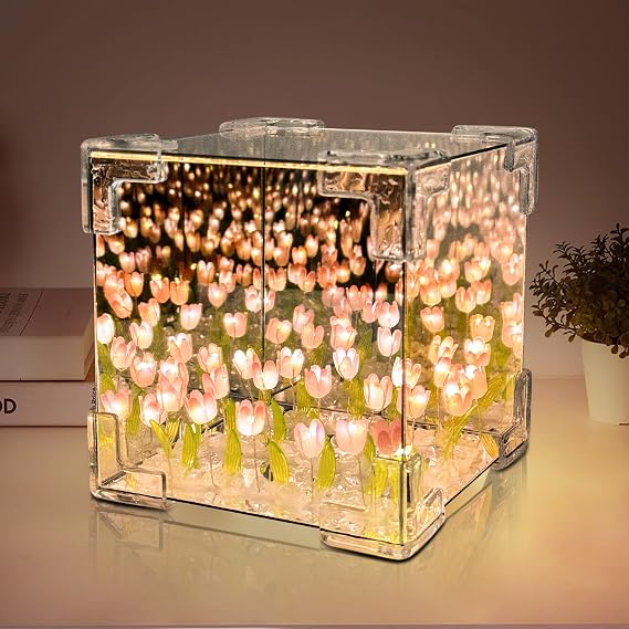 DIY Tulips Cube Mirror Lamp,Finished Decor Tulip Night Light,Handmade DIY Tulip Flower Magic Cube Mirror Light,Bedroom Living Room Desktop Decor Birthday Gift for Mom,Girl,Couple,Friend Pink Lamps