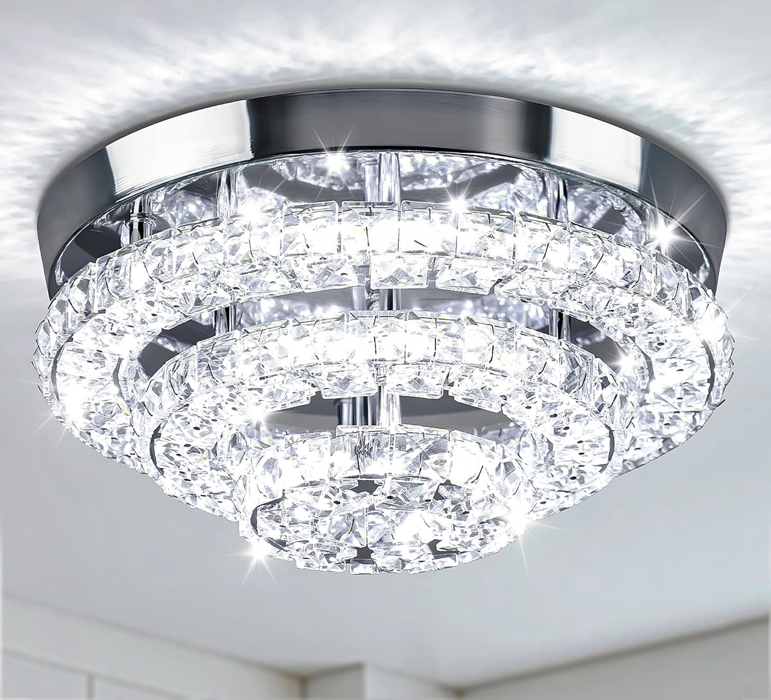 11.8" Crystal Chandeliers Modern Crystal Ceiling Light LED Chandeliers Semi Flush Mount Chandelier Crystal Ceiling Light Fixture for Bedrooms Dining Living Room Hallway (6500K Cool White) [Energy Class E]