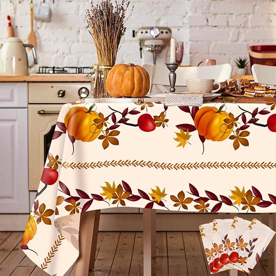 4 Pack Thanksgiving Fall Tablecloths, Autumn Maple Leaf Pumpkin Table Cloth | Disposable Plastic Table Cover Harvest Party Thanksgiving Decorations for Home Dinner, Holiday, Outdoor Picnic, 54 x 108