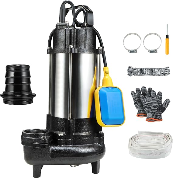 Sewage Grinder Pump, 1HP Submersible Sump Pump, 110V 6400GPH Stainless Steel Effluent Pumps with Automatic Float Switch, 2'' NPT Discharge for Basement, Sump Basin, Sewage Well