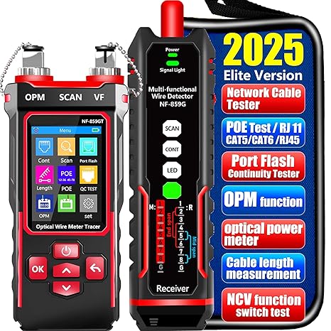 Ethernet Cable Tester Network Cable Tester with Optical Power Meter forRJ45 | RJ11 CAT5 CAT6 POE/Phone Lines CAT3 Tone Probe Kit NCV & Wire Tracer Fiber Tester Network Tools NF-859GT
