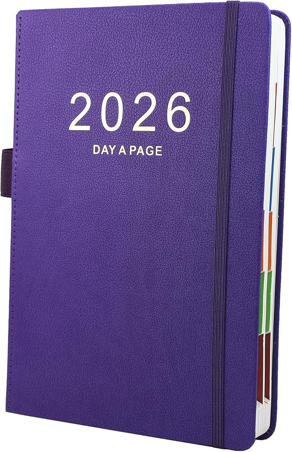 2026 Diary A5 Day Per Page, Diary 2026 From Jan to Dec, Productivity A5 Daily Planner, Full Year Daily Planner with Colorful Monthly Tabs, Fine Inner Pocket, 5.9" × 8.5"（Purple）
