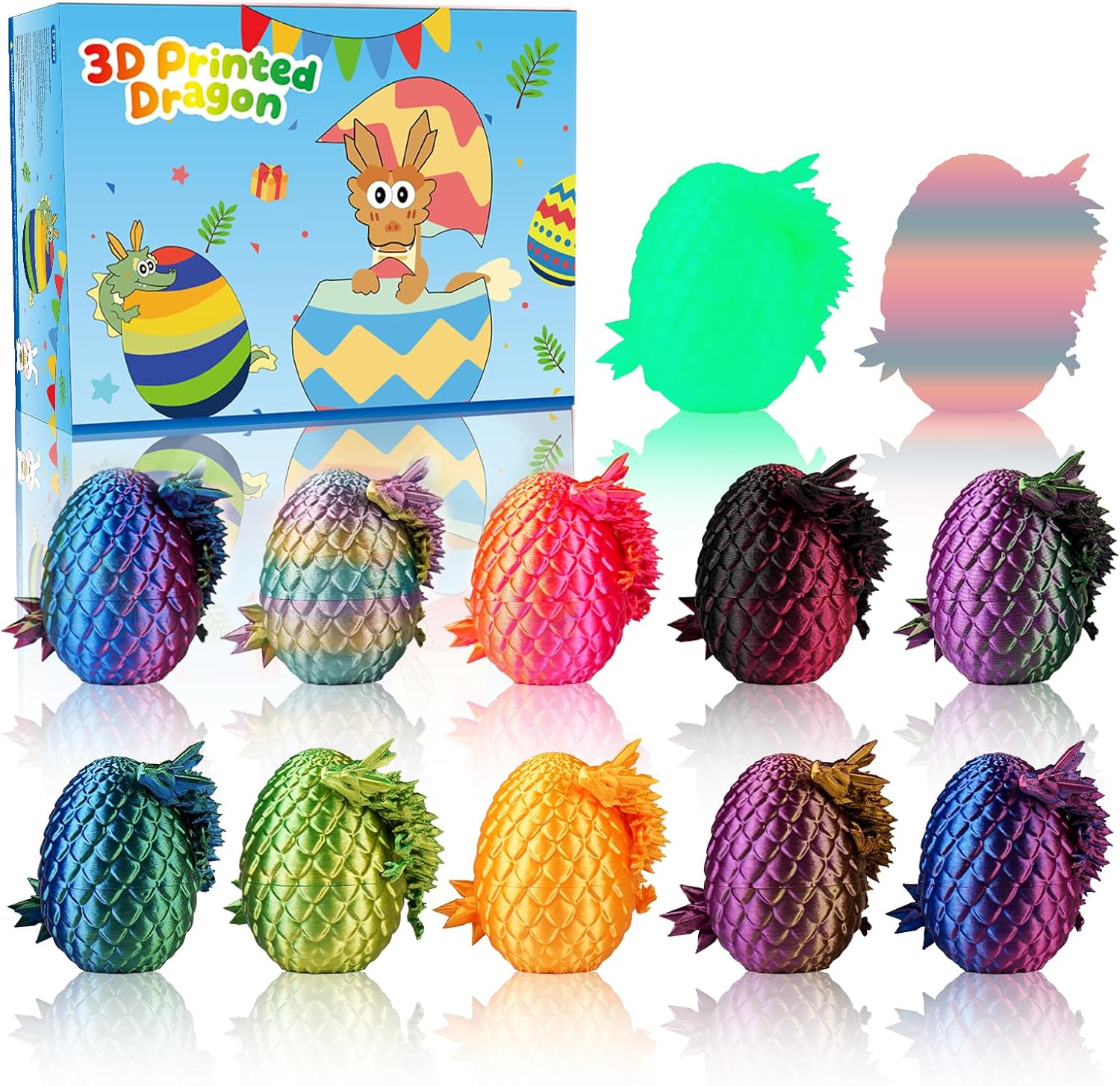 12PCS 3D Printed Dragon Eggs with Dragons Inside, Articulated Crystal Dragons Fidget Toy Ideal Easter Gifts for Kids