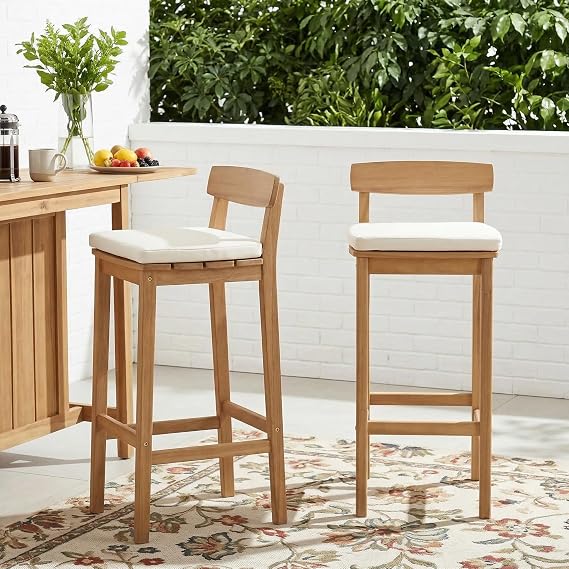 Patio Bar Stools Set of 2, Solid Acacia Wood Patio Barstools with Footrest, 28.5" Counter Height Outdoor Bar Stools, High Top Patio Bar Chairs for Balcony/Deck/Kitchen Island/Bistro, Beige