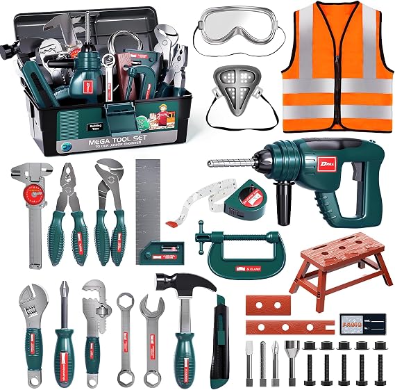 Deejoy Kids Tool Set with Tool Box & Electronic Toy Drill (Green) | Pretend Play Kids Construction Kits for Kids Ages 3-5 Years Old, Toddler Boy Toys