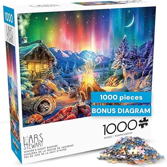 Buffalo Games - Lars Stewart - Winter's Night Bonfire - 1000 Piece Jigsaw Puzzle - Colorful, Holiday Puzzles for Adults Precision-Cut Pieces, Seasonal Artwork, and Hours of Relaxing Fun