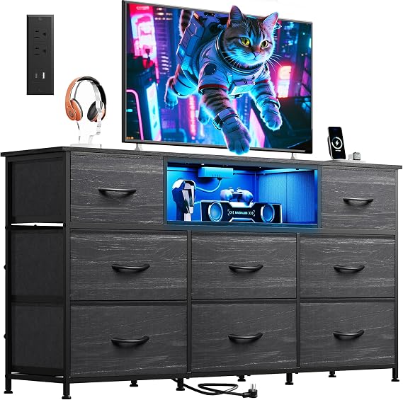 WLIVE Black Dresser TV Stand for 50, 55, 65 inch TV, Entertainment Center with LED Lights & Charging Station, Chest of Drawers with 8 Fabric Drawers and Open Shelves for Living Room, Bedroom, Wood Top