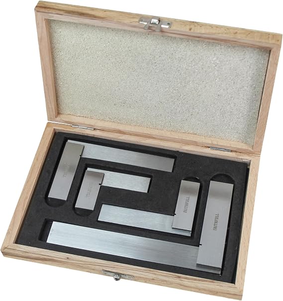 Faithfull Engineers Steel Try Square Set 4 Piece - 50,75,100,150mm (2in, 3in, 4in, 6in), Precision Ground, Hardened Steel Blade, Accurate Marking, Measuring & Layout Tools in Wooden Storage Case