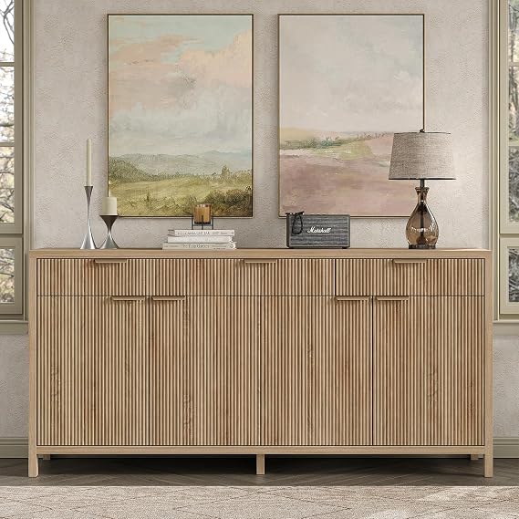Yanosaku 66" W Fluted Buffet Cabinet, Sideboard Storage Cabinet with 3 Drawers & 2 Cabinets, Mid-Century Coffee Bar Table for Living Room, Dinning Room, Natural