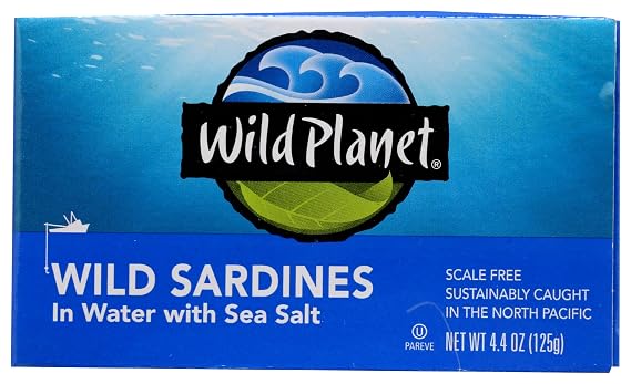 Wild Planet Wild Sardines in Water, Sea Salt, Tinned Fish, Sustainably Wild-Caught, Non-GMO, Kosher, Keto and Paleo, 3rd Party Mercury Tested, 4.4 Ounce Single Unit, Packaging May Vary