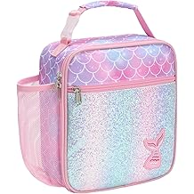 Bagseri Lunch Bag for Girls - Insulated School Lunch Box with Bottle Holder, Portable Reusable Thermal Cooler Tote for Nursery, 6L Capacity, Glitter Pink Mermaid
