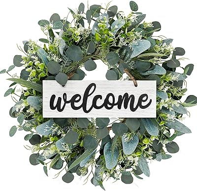 Dremisland Green Eucalyptus Wreath with Welcome Sign 22in Spring Summer Artificial Eucalyptus Wreath for Front Door Wall Window Festival Farmhouse Patio Garden Decor White