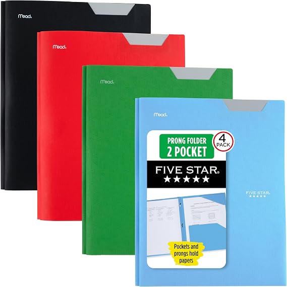 Five Star 2-Pocket Plastic Folder with Stay-Put Tabs and Prong Fasteners, Holds 8.5" x 11" Paper, Assorted Colors, 4 Pack (340300A)