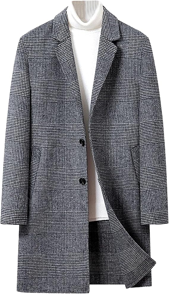 Mens Classic Thick Long Overcoat Slim Fit Padded Wool Trench Coats Single Breasted Plaid Mid Long Peacoat