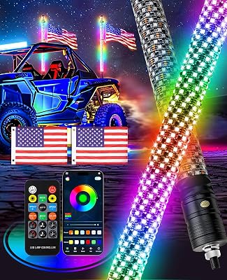 2PCS 3FT Fat Whip Light with Flags Spiral RGB LED Whip Lights with APP&Remote Control,Chasing Lighted Antenna Whips for UTV ATV Can-Am X3 RZR Can-Am Polaris Buggy Jeep Offroad Truck 3ft