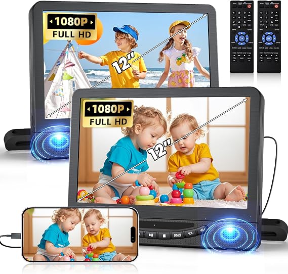 Portable Car DVD Player for Backseat, 12" 1080P HD Screen Travel Entertainment System with HDMI Input, Support Phone/Game Console, Dual Headrest Mount for Kids Long Road Trip