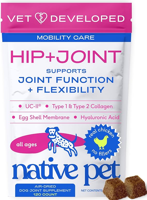 Native Pet Mobility Care - Hip & Joint Supplement for Dogs - UC-II Collagen, Egg Shell Membrane & Hyaluronic Acid - Dog Joint Supplement Chews Supports Cartilage, Mobility & Flexibility - 120 Chews