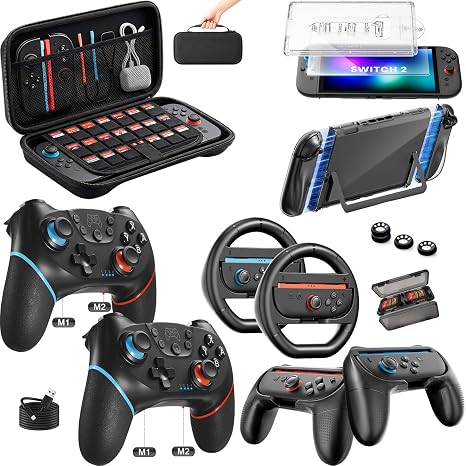 Pro Controller Accessories Bundle for Nintendo Switch 2, 17-in-1: Carrying Case, Screen Protector, Thumb Grip for Joycon, Dockable Console Protective Cover Shell, Steering Wheel, 2025 Switch2 Game Kit