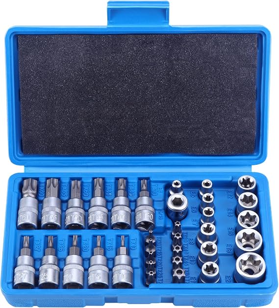 HSEAMALL Torx Socket Set 34 Pieces Inner Outer Torx Socket Spanner and Bit Set E4-E20 Nuts T10-T60 Torx Set