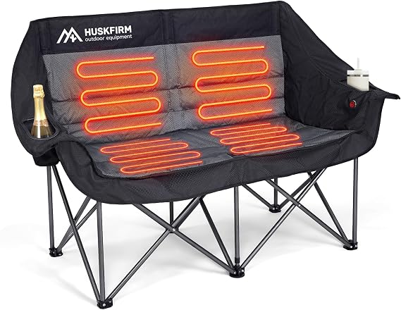 Heated Double Camping Chair, Support 650lbs, Black(Battery Not Included)