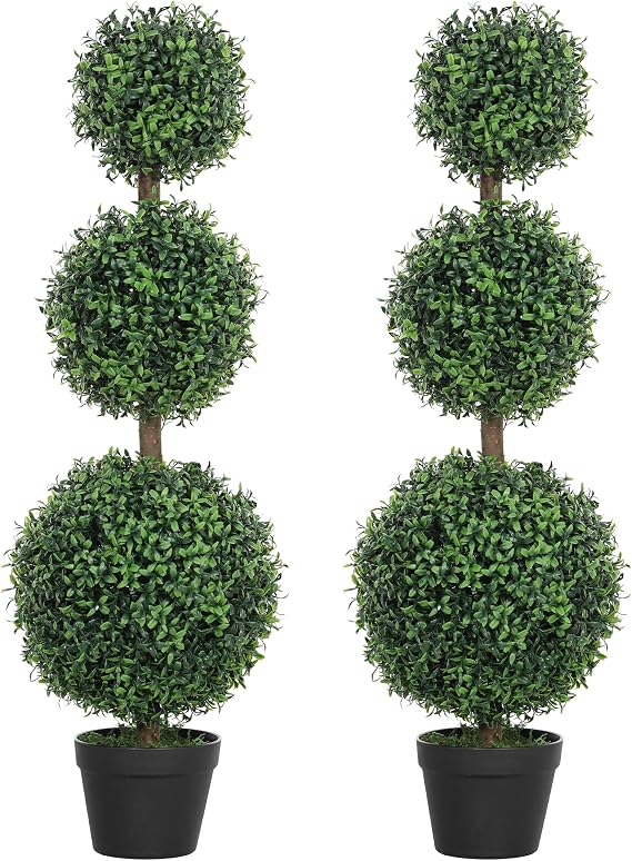 HOMCOM Artificial Triple Ball Boxwood Topiary Trees Outdoor 40" Set of 2 | Ball-Shaped Boxwood, Fake Plants, Home Indoor Outdoor Front Porch Decor