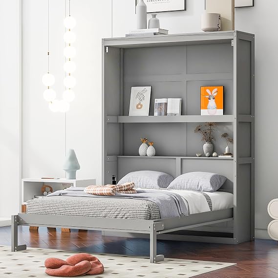 Full Size Murphy Bed with Shelves, Easy Fold Wall Bed, Space-Saving Guest Room Home Office, Grey