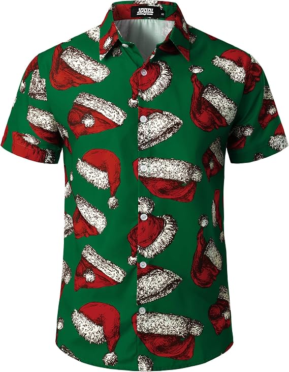 JOGAL Men's Christmas Shirt Short Sleeve Button Down Hawaiian Shirts | Christmas in July Shirt, Santa Claus, Fun Print, Holiday, Family Party, Cruise, Vacation, Lightweigh, Regular Fit