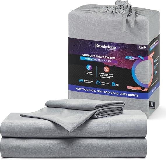 Brookstone Comfort Twin Sheet Set - Innovative Cooling Sheets for Hot Sleepers - Deep Sleep with Temperature Regulation - 3-Piece Set of Soft Flat, Twin Fitted Sheet, Pillowcase - Gray