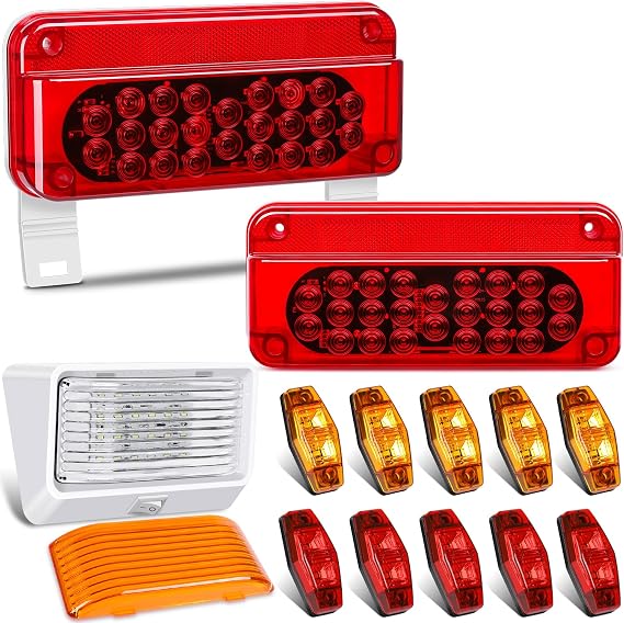 LINKITOM LED Trailer Light Kit, 2-Pack RV Camper Tail Lights with Red Reflector, 10pcs Side Marker Lights, and RV Porch Light - for Trailers, RVs, Campers, IP67 Waterproof