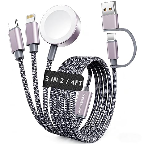 Upgraded Travel Essentials 3 in 2 Apple Watch Charger for iPhone Charger Multi Charger Cable Compatible with iWatch Serie 11-2/Ultra/SE, iPhone 17-11, Galaxy Android-4FT for Travel Camping Cruise
