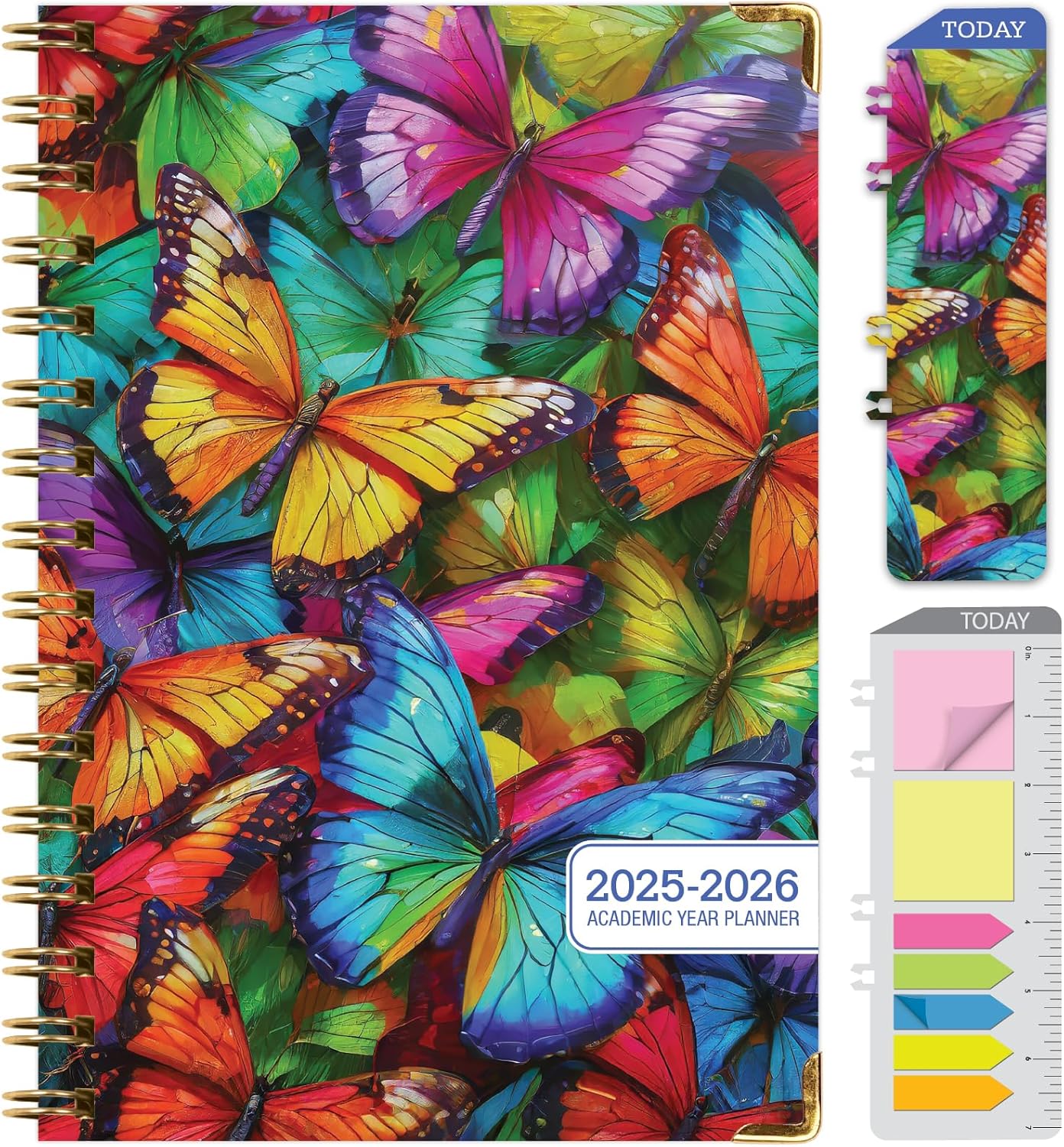 HARDCOVER Academic Year 2025-2026 Planner: June 2025 Through July 2026 5.5x8 Daily Weekly Monthly Planner Yearly Agenda. Bookmark, Pocket Folder and Sticky Note Set Colorful Butterflies