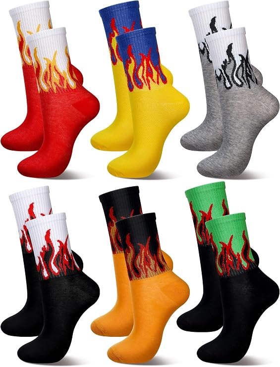 Fourluoo 6 Pairs Women Flame Socks Fashion Men Fire Print Crew Socks Breathable Cotton Casual for Fall Winter Sports