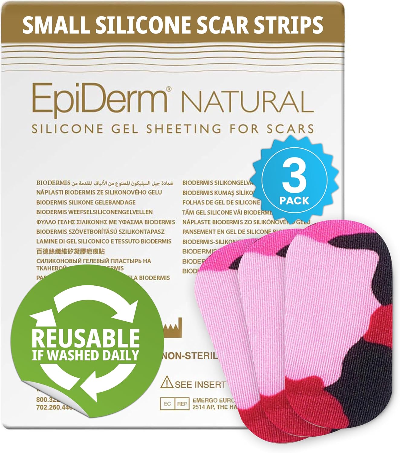Epiderm Silicone Gel Scar Small Strips - Premium Fabric-Lined Silicone Scar Sheets for Small Scars - Non-Medicated, Washable & Reusable Scar Tape - Gentle on All Skin Types - 3-Pack, Camo Pink