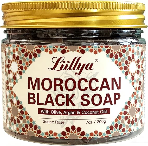 Moroccan Black Soap, Traditional Beldi Soap with Olive, Argan, Coconut & Rose Oils, Exfoliating Body Cleanser for Hammam Spa Routine, Deep Cleansing Paste for Soft Smooth Skin, 7oz/200g