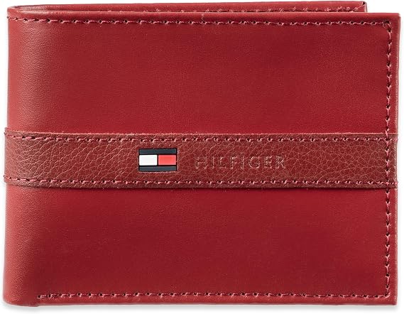 Tommy Hilfiger Men's Leather Wallet - Thin Sleek Casual Bifold with 6 Credit Card Pockets and Removable ID Window, Red, One size